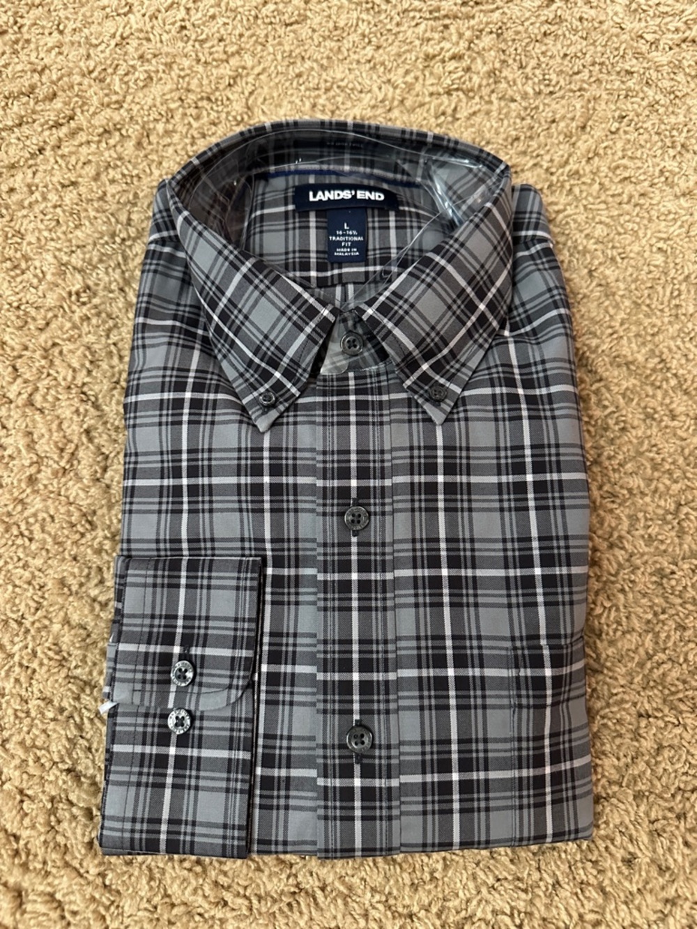 NEW! Lands' End Men's Black and Gray Plaid Button-Down Shirt